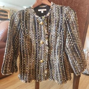 CAbi  Women's Multicolor Textured Tweed Jacket. M. Gold Big Buttons.
